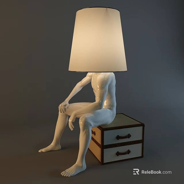 Abstract Human Figure Sculptural Floor Lamp With White Lampshade And Drawer Cabinet Base 3d model 