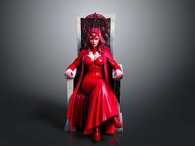Woman in Elegant Red Dress with Ornate Red Headdress Sitting on Throne Chair 3d model