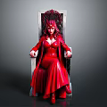 Woman in Elegant Red Dress with Ornate Red Headdress Sitting on Throne Chair