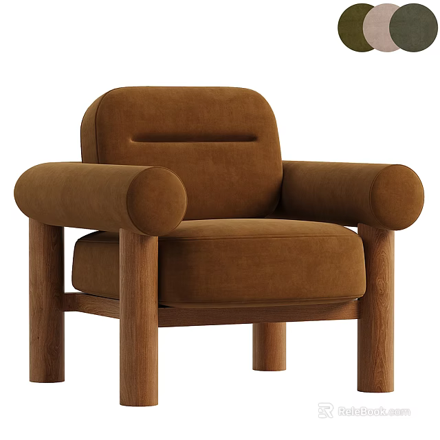 Modern Brown Velvet Accent Chair with Rounded Armrests and Wooden Legs 3d model 