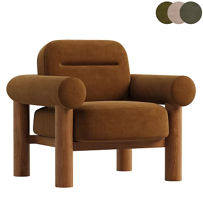 Modern Brown Velvet Accent Chair with Rounded Armrests and Wooden Legs 3d model