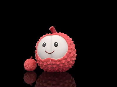 Cute Pink Lychee Shaped Plush Toy With Smiling Face And Small Companion On Black Background 3d model