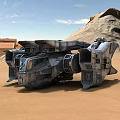 Futuristic Sci Fi Mechanical Vehicle In Desert Dunes With Arid Terrain