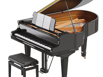 Black Grand Piano With Stool And Music Sheets 3d model