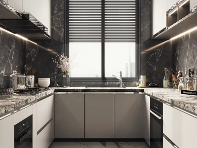 Modern Kitchen Interior Design With Marble Countertop White Cabinets And Window Blinds 3d model
