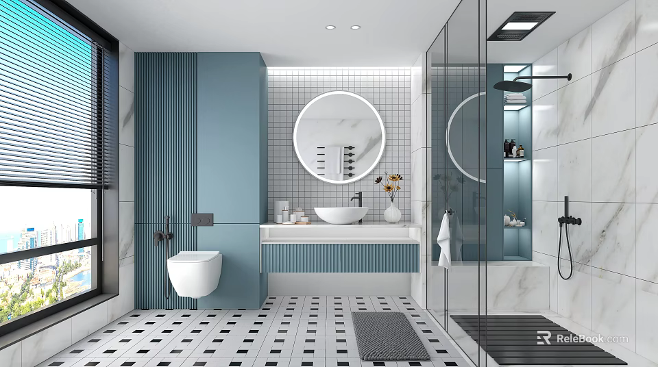 Modern Bathroom Interior With Round Mirror And Glass Shower 3d model