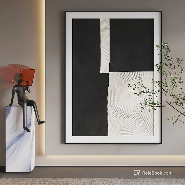 Abstract Painting With Black And White Geometric Patterns On Wall With Sculpture And Plant 3d model 