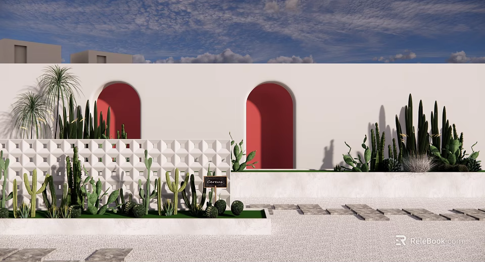 White Feature Wall With Red Arches Geometric Pattern Cactus Plants And Stone Path 3d model