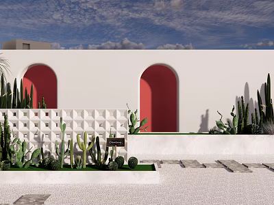 White Feature Wall With Red Arches Geometric Pattern Cactus Plants And Stone Path 3d model