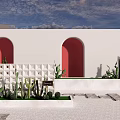 White Feature Wall With Red Arches Geometric Pattern Cactus Plants And Stone Path 3d model