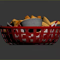Crispy French Fries In Red Basket With Red Pepper Slices And Dip Sauce