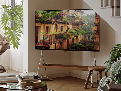 Flat Screen TV Displaying Outdoor Scenic View In Living Room With Plants And Wooden Furniture 3d model