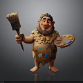 Cartoon Caveman Character In Fur Clothing Holding Paintbrush And Palette With Paint Splatters