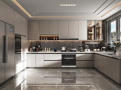 Modern Kitchen Interior Design With Gray Cabinets And Stainless Steel Appliances 3d model
