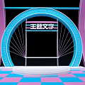 Exhibition Entrance Arch Structure In Pink And Blue With Checkerboard Floor And LOGO