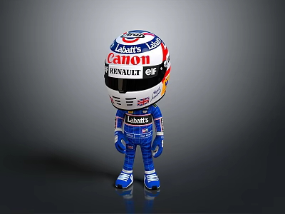 Cartoon Racing Driver Figure In Blue Suit With Canon Renault Helmet 3d model