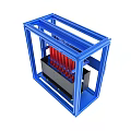 Blue Framed Mechanical Device With Red Cylinders Black Base And Golden Supports