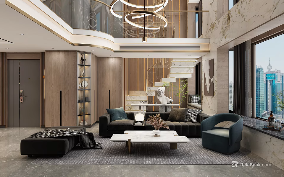 Modern Duplex Living Room With High Ceiling Staircase Sofa Armchair And Chandelier 3d model 