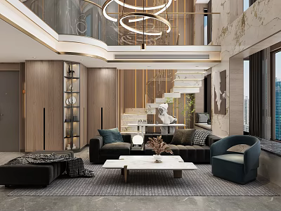 Modern Duplex Living Room With High Ceiling Staircase Sofa Armchair And Chandelier 3d model