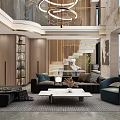 Modern Duplex Living Room With High Ceiling Staircase Sofa Armchair And Chandelier