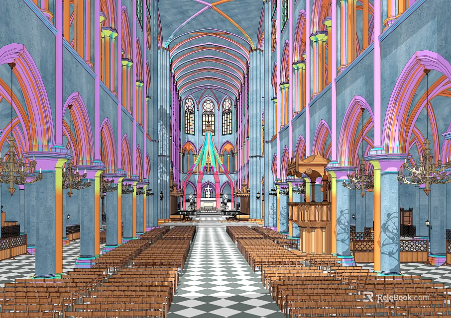 Historic Building Interior With Colorful Arches Vaults Columns Wooden Benches And Checkered Floor 3d model 