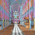 Historic Building Interior With Colorful Arches Vaults Columns Wooden Benches And Checkered Floor