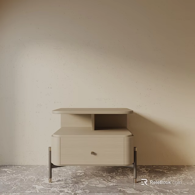 Modern Light Colored Bedside Table With Drawer Open Shelf And Metal Legs 3d model 