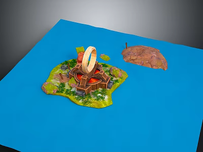 Miniature Island Scene Model With Circular Building Green Vegetation Blue Base And Small Brown Land 3d model