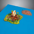 Miniature Island Scene Model With Circular Building Green Vegetation Blue Base And Small Brown Land