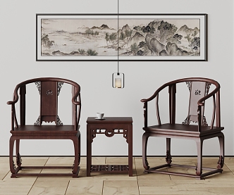 New Chinese Tea Table and Chair Tea Table and Chair Tea Set Chandelier Ink Painting 3d model