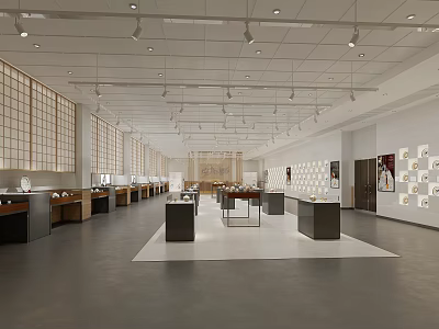 Spacious Cultural Center Interior With Modern Minimalist Design Display Tables Wall Shelves And Gray Floor 3d model