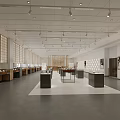 Spacious Cultural Center Interior With Modern Minimalist Design Display Tables Wall Shelves And Gray Floor