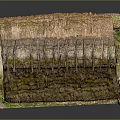 Traditional Thatched House with Triangular Moss Covered Roof Wooden Walls Wood Stack and Carved Figure