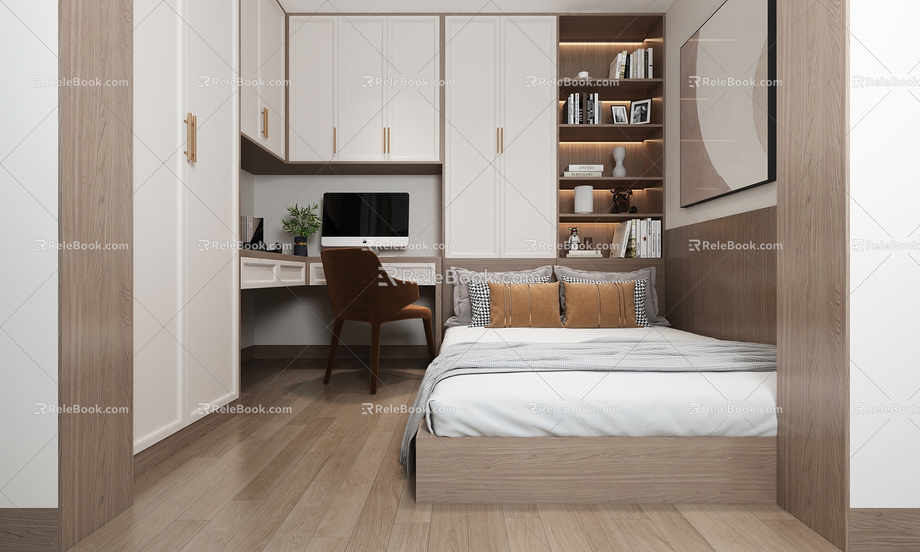 Tatami Bedroom Light Luxury Bedroom Second Bedroom Guest Room Desk Bookcase Integrated 3d model