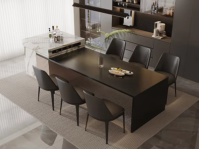 Modern Black Dining Table Set With Six Chairs Potted Plant And Kitchen Interior Design 3d model