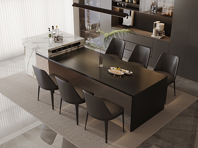 Light Luxury Nakajima Dining Table and Chair Combination Restaurant Nakajima Bar Counter Leather Backrest Dining Chair Chandelier Cabinet Wine Cabinet Kitchen Supplies Screen Window Carpet Vase 3d model