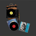 Vintage Vinyl Record Player On Wooden Chair With Vinyl Records And Album Covers
