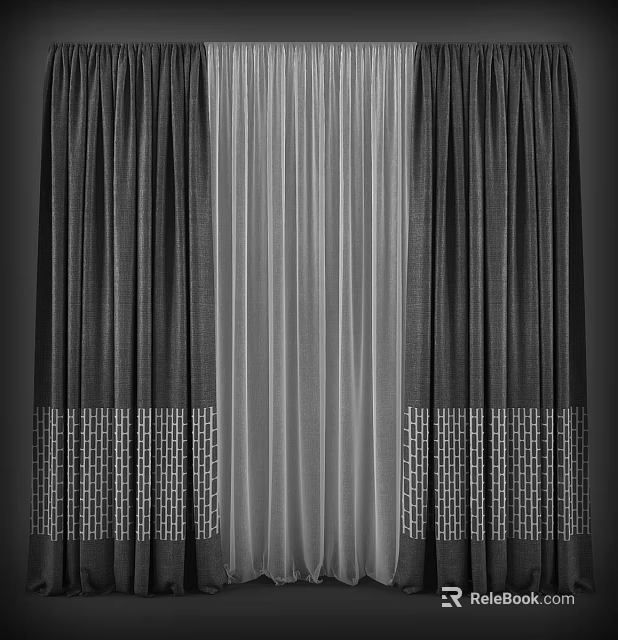 Modern Curtain Design With Layered Dark Side Panels Sheer Middle Panel And Decorative Bottom Trim 3d model 