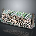 Natural Stacked Wood Logs Pile With Green Moss And Smooth Circular Ends