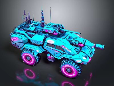 Futuristic Armored Vehicle With Blue Pink Neon Lights Antennas And Weapons 3d model