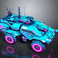 Futuristic Armored Vehicle With Blue Pink Neon Lights Antennas And Weapons