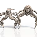 Silver Sculptures Of Bearded And Long Haired Fantasy Heads With Curled Metallic Details