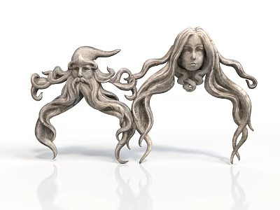Silver Sculptures Of Bearded And Long Haired Fantasy Heads With Curled Metallic Details 3d model
