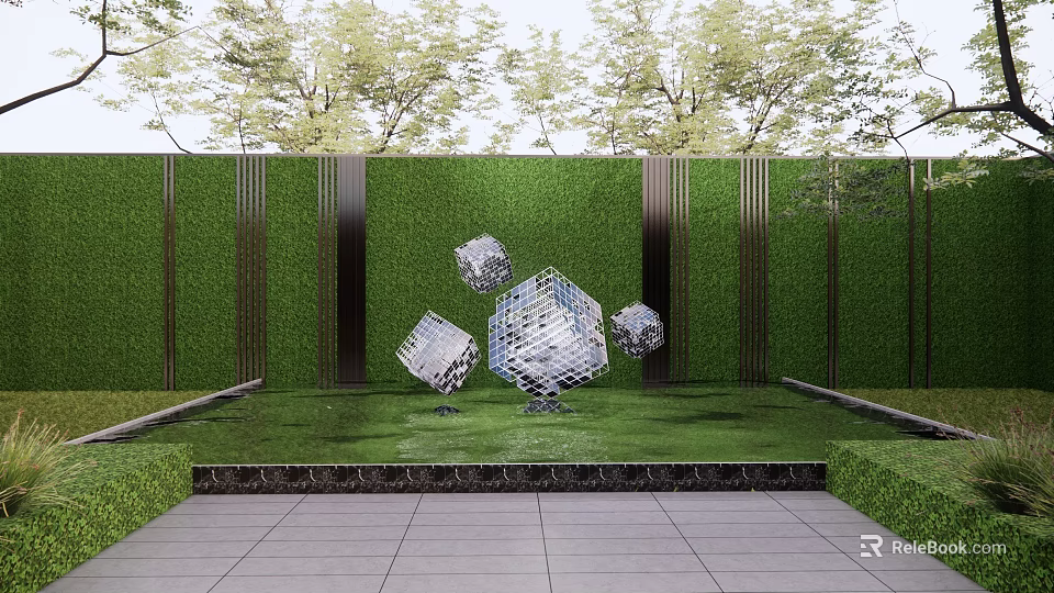 Landscape Sculpture Metal Cubes With Green Plant Wall In Lawn Paved Ground And Background Trees 3d model 