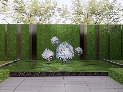 Landscape Sculpture Metal Cubes With Green Plant Wall In Lawn Paved Ground And Background Trees 3d model