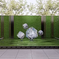 Landscape Sculpture Metal Cubes With Green Plant Wall In Lawn Paved Ground And Background Trees