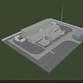 Industrial Factory Building With Surrounding Facilities And Truck Access On Green Lawn With Gravel Ground