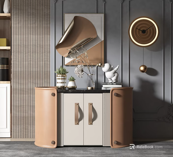 Modern Entryway Side Cabinet In Tan And White With Decorative Plant And Wall Lamp 3d model 