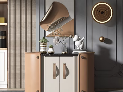Modern Entryway Side Cabinet In Tan And White With Decorative Plant And Wall Lamp 3d model