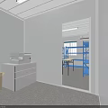 Bright Public Office Space with White Walls Ceiling Lights Printer White Cabinet and Blue Shelves